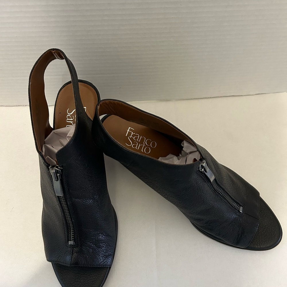 Franco Sarto Sz9.5 M Fayette Black Leather Open Toe Slingback Block Heel Sandal. - Picture 3 of 7